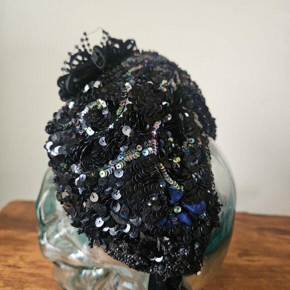 Victorian Antique 1870s 1880s Black Bonnet Jet‎ Beaded Sequins Mourning Hat main image 7